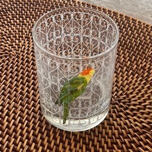 Rare Vintage Cera Signed Mid-Century Caged Green Parrot Double Old Fashion Glass